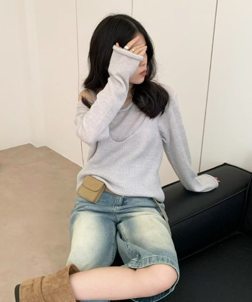 MEMECLE(メメクル)の「【 MEMECLE / メメクル 】レイヤード風キャミソール ニットトップス(ニット/セーター・レディース・グレー/ネイビー/オリーブ/ホワイト・FREE)」の12枚目の写真