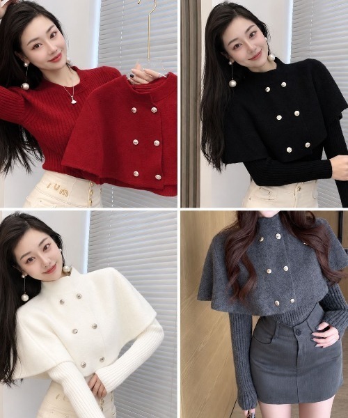 Lips(リップス)の「【華やかな金ボタンが目を惹く!レイヤード風デザインで上品に仕上がるケープニット】(ニット/セーター・レディース・グレー/ホワイト/ブラック/レッド・FREE)」の15枚目の写真
