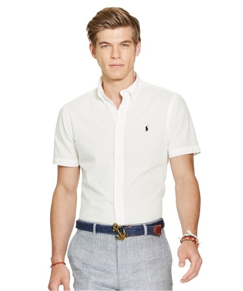 POLO RALPH LAUREN(ポロ ラルフ ローレン)の「スリム コットン シアサッカー シャツ(シャツ/ブラウス・メンズ・ネイビー/ホワイト・SMALL/LARGE/MEDIUM/X-LARGE/X-SMALL)」の1枚目の写真