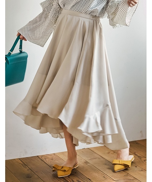 Re:EDIT（リエディ）の「アシンメトリーヘムフレアロングスカート（スカート・レディース・ブラック/ダークグリーン/カーキ/ブラウン/ボルドー/ベージュ/サックスブルー/シルバーグレー/レッド/ブルー/パープル/オレンジ/ラベンダー・MEDIUM/LARGE）」の3枚目の写真