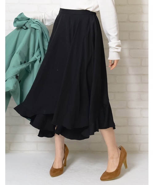 Re:EDIT（リエディ）の「アシンメトリーヘムフレアロングスカート（スカート・レディース・ブラック/ダークグリーン/カーキ/ブラウン/ボルドー/ベージュ/サックスブルー/シルバーグレー/レッド/ブルー/パープル/オレンジ/ラベンダー・MEDIUM/LARGE）」の2枚目の写真