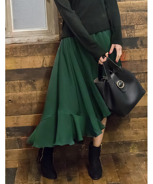 Re:EDIT（リエディ）の「アシンメトリーヘムフレアロングスカート（スカート・レディース・ブラック/ダークグリーン/カーキ/ブラウン/ボルドー/ベージュ/サックスブルー/シルバーグレー/レッド/ブルー/パープル/オレンジ/ラベンダー・MEDIUM/LARGE）」の6枚目の写真