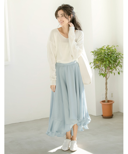 Re:EDIT（リエディ）の「アシンメトリーヘムフレアロングスカート（スカート・レディース・ブラック/ダークグリーン/カーキ/ブラウン/ボルドー/ベージュ/サックスブルー/シルバーグレー/レッド/ブルー/パープル/オレンジ/ラベンダー・MEDIUM/LARGE）」の22枚目の写真