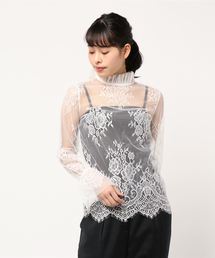 袖コンシャスハイネックレースシースルーブラウス