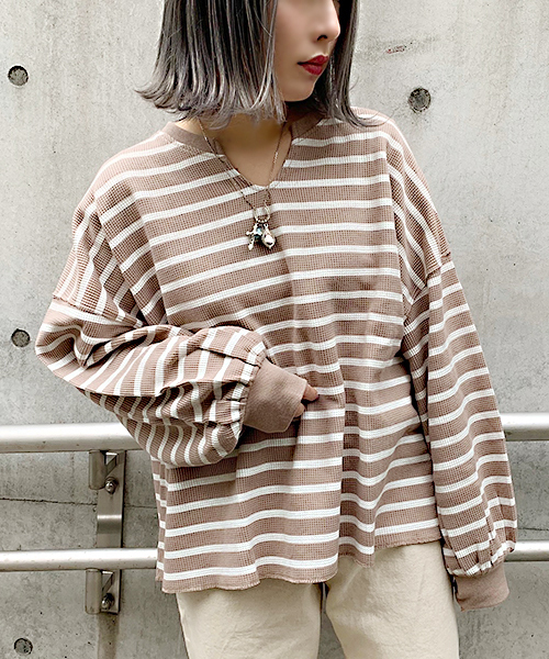 apres jour(アプレジュール)の「ワッフルボーダーキーネックトップス【ZOZOTOWN限定アイテム】(Tシャツ/カットソー・レディース・その他/ブルー/ピンク/ベージュ/イエロー・フリー)」の18枚目の写真