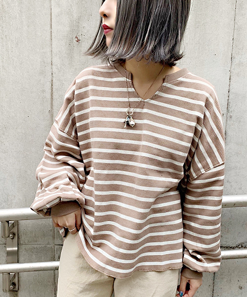 apres jour(アプレジュール)の「ワッフルボーダーキーネックトップス【ZOZOTOWN限定アイテム】(Tシャツ/カットソー・レディース・その他/ブルー/ピンク/ベージュ/イエロー・フリー)」の21枚目の写真