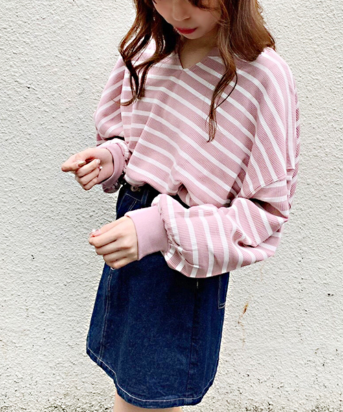 apres jour(アプレジュール)の「ワッフルボーダーキーネックトップス【ZOZOTOWN限定アイテム】(Tシャツ/カットソー・レディース・その他/ブルー/ピンク/ベージュ/イエロー・フリー)」の8枚目の写真