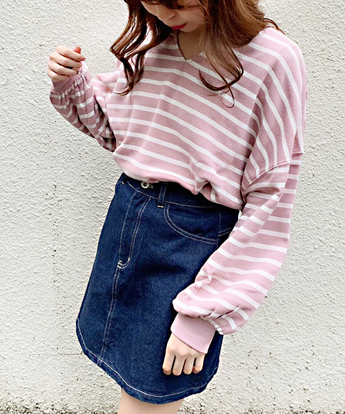 apres jour(アプレジュール)の「ワッフルボーダーキーネックトップス【ZOZOTOWN限定アイテム】(Tシャツ/カットソー・レディース・その他/ブルー/ピンク/ベージュ/イエロー・フリー)」の9枚目の写真