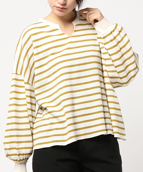 apres jour(アプレジュール)の「ワッフルボーダーキーネックトップス【ZOZOTOWN限定アイテム】(Tシャツ/カットソー・レディース・その他/ブルー/ピンク/ベージュ/イエロー・フリー)」の17枚目の写真