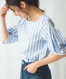 ストライプアイレットスクエア七分袖ブラウス