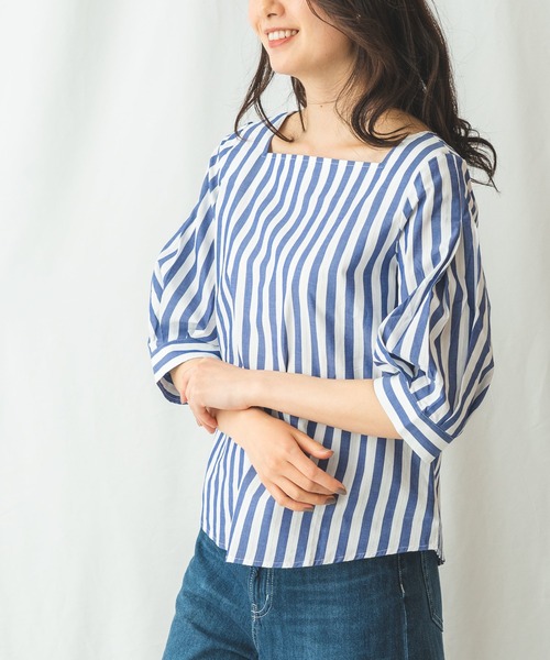 NARACAMICIE（ナラカミーチェ）の「ストライプアイレットスクエア七分袖ブラウス（シャツ/ブラウス・レディース・ホワイト/ブルー/ネイビー・SMALL/MEDIUM/LARGE）」の14枚目の写真