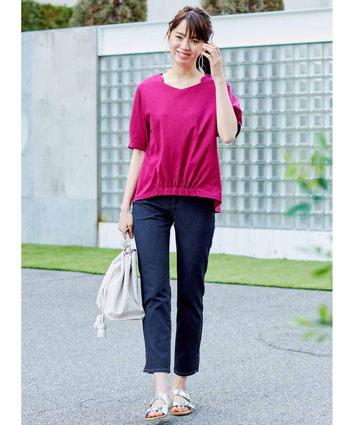 Live in comfort（リブインコンフォート）の「リブ　イン　コンフォート　きちんとブラウス見え！上品シャリ感カットソープルオーバー（Tシャツ/カットソー・レディース・オフホワイト/ピンク/ホワイト×ブラック/ブラック・MEDIUM/X-LARGE/XXX-LARGE/SMALL/LARGE/XX-LARGE）」の10枚目の写真