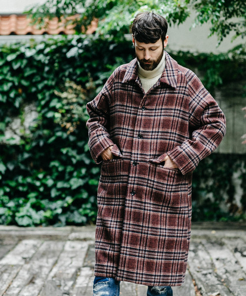 MR.OLIVE（ミスターオリーブ）の「SUPER 100's チェック クロス / ビッグシルエット ボリュームスリーブ ロング コート（ステンカラーコート・メンズ・グレー/ブラウン・SMALL/MEDIUM/LARGE）」の2枚目の写真