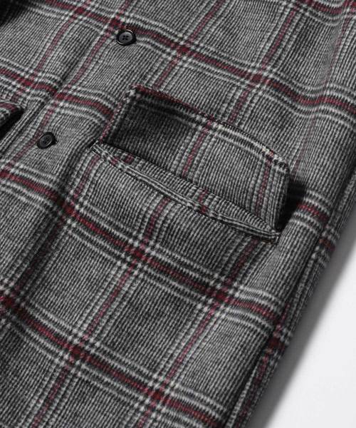 MR.OLIVE（ミスターオリーブ）の「SUPER 100's チェック クロス / ビッグシルエット ボリュームスリーブ ロング コート（ステンカラーコート・メンズ・グレー/ブラウン・SMALL/MEDIUM/LARGE）」の5枚目の写真