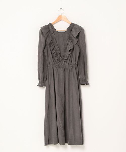 ABITOKYO（アビトーキョー）の「フロントVフリルロングワンピース（シャツワンピース・レディース・チャコールグレー/ベージュ/ネイビー/マスタード/スモークピンク・FREE）」の6枚目の写真