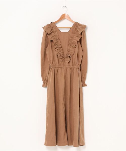 ABITOKYO（アビトーキョー）の「フロントVフリルロングワンピース（シャツワンピース・レディース・チャコールグレー/ベージュ/ネイビー/マスタード/スモークピンク・FREE）」の7枚目の写真