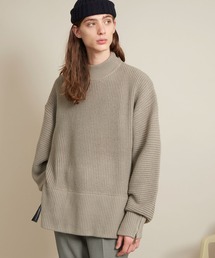オーバーサイズ 7G畦編み 裾タッセル&袖ZIP モックネックニットプルオーバー(EMMA CLOTHES)