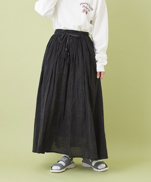 CUBE SUGAR（キューブシュガー）の「綿ボイル アシッドウォッシュ ギャザースカート（スカート・レディース・キャメル/ライトグレー/ブラック/ターコイズブルー/ピンク・M）」の2枚目の写真