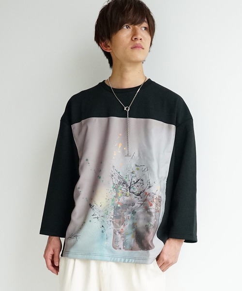 MinoriTY（マイノリティ）の「プリントロンT 抽象アート柄 ルーズシルエット とろみ素材（Tシャツ/カットソー・メンズ・ホワイト/ライトベージュ/ブラック/ピンク/ホワイト系その他/ブラック系その他・FREE）」の5枚目の写真