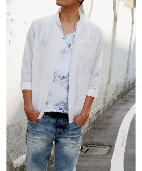 HIDEAWAYS NICOLE（ハイダウェイニコル）の「先染めラメクレープ七分袖シャツ（シャツ/ブラウス・メンズ・ホワイト/ブラック/グレー・LARGE/X-LARGE/MEDIUM）」の2枚目の写真