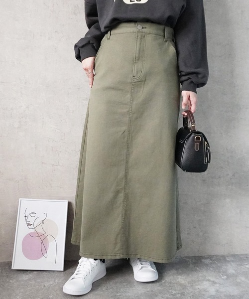 SELECT LEVERY(セレクトリベリー)の「デニム・ツイルフレアロングスカート(デニムスカート・レディース・ネイビー/ブルー/インディゴブルー/ダークグレー/ブラック/ワンウォッシュ/ホワイト/キナリ/ブラック系その他/ベージュ/カーキ・LARGE/MEDIUM/SMALL/X-LARGE)」の8枚目の写真