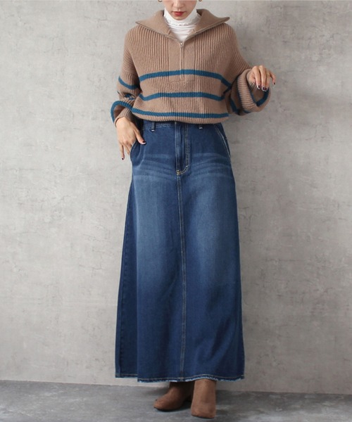 セール】(nod)デニム・ツイルフレアロングスカート（デニムスカート
