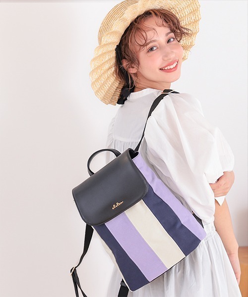 Clelia（クレリア）の「マルチカラーキャンバス×合成皮革フラップリュックサック（バックパック/リュック・レディース・パープル系その他/グレー系その他/ラベンダー/ピンク系その他/ブラウン系その他・ONE SIZE）」の3枚目の写真