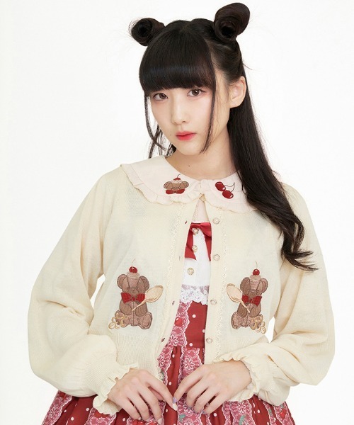 axes femme kawaiiＲｏｓｙＢｅａｒニットカーデ（ピンク） axes femme kawaii / クマパフェ刺繍ニットカーデ M ピンク O-25