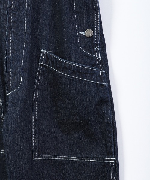 FREE GATE(フリーゲート)の「FREE GATE スラブデニム フロントジップ ワイドシルエット オーバーオール サロペット(サロペット/オーバーオール・メンズ・ネイビー/ブルー/ストライプ・SS/S/M/XL/L)」の11枚目の写真