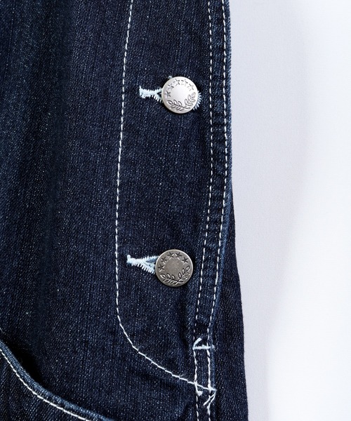 FREE GATE(フリーゲート)の「FREE GATE スラブデニム フロントジップ ワイドシルエット オーバーオール サロペット(サロペット/オーバーオール・メンズ・ネイビー/ブルー/ストライプ・SS/S/M/XL/L)」の12枚目の写真