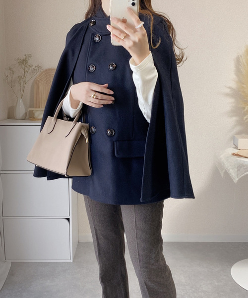 Cen ネイビー ダブルブレスト ケープコート Cen ネイビー ダブルブレスト ケープコート