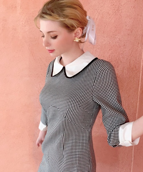 lissi Boutique(リージーブティック)の「【lissi Boutique】オードリー風チェック柄襟ワンピース(ワンピース・レディース・ブラック・FREE)」の3枚目の写真