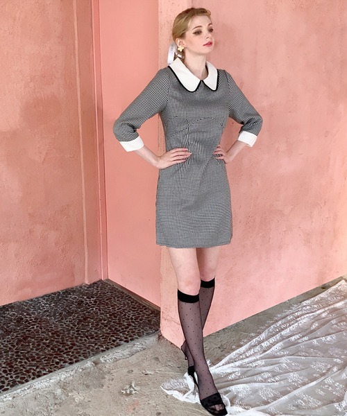 lissi Boutique(リージーブティック)の「【lissi Boutique】オードリー風チェック柄襟ワンピース(ワンピース・レディース・ブラック・FREE)」の5枚目の写真