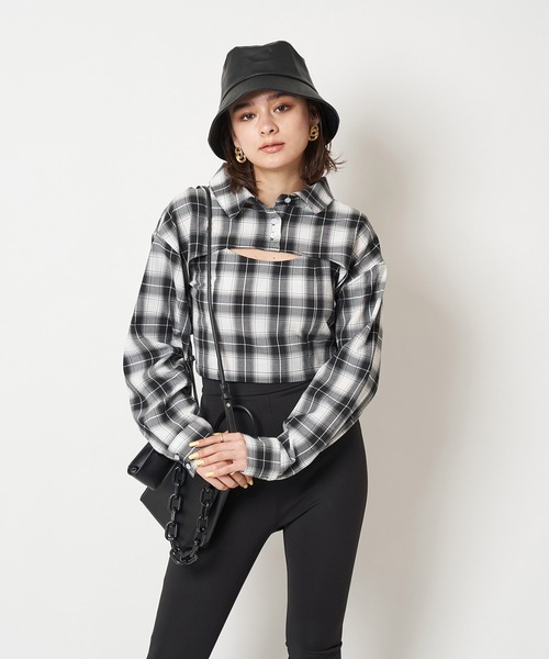 SPIRALGIRL(スパイラルガール)の「チェック柄ショートシャツ(シャツ/ブラウス・レディース・ホワイト系/ブラック系・FREE)」の3枚目の写真