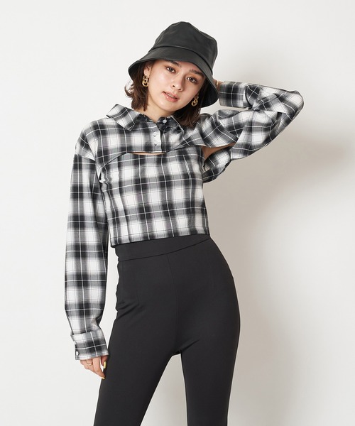 SPIRALGIRL(スパイラルガール)の「チェック柄ショートシャツ(シャツ/ブラウス・レディース・ホワイト系/ブラック系・FREE)」の6枚目の写真