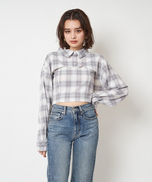 SPIRALGIRL(スパイラルガール)の「チェック柄ショートシャツ(シャツ/ブラウス・レディース・ホワイト系/ブラック系・FREE)」の7枚目の写真