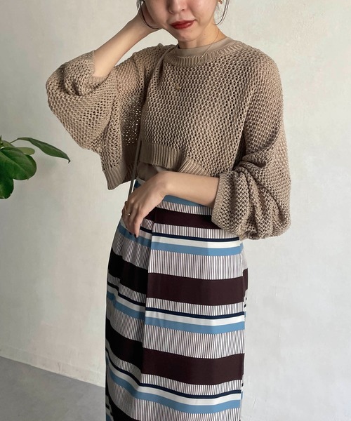 CAPRICIEUX LE'MAGE（カプリシューレマージュ）の「ショートメッシュタンクアンサンブル（ニット/セーター・レディース・チャコールグレー/ベージュ/オフホワイト・FREE）」の3枚目の写真