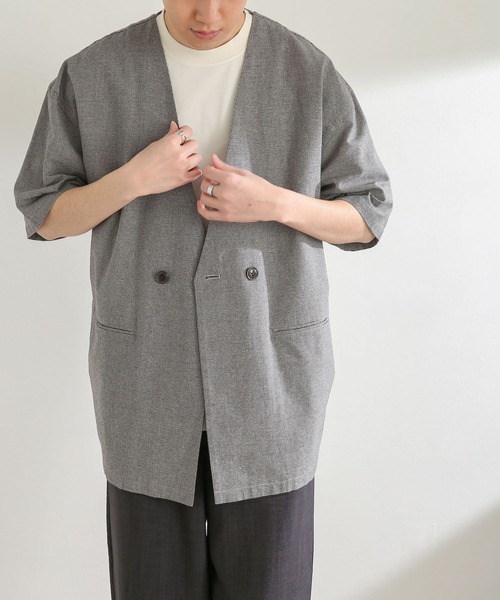 SENSE OF PLACE by URBAN RESEARCH（センスオブプレイスバイアーバンリサーチ）の「チェックノーカラージャケット(5分袖)（その他アウター・メンズ・ベージュ・LARGE/MEDIUM）」の8枚目の写真