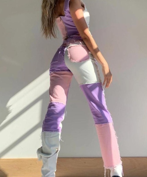 Opinion korean town（オピニオン コリアン タウン）の「Patchwork denim（デニムパンツ・レディース・グリーン/ブルー/パープル/ベージュ・L/M/S）」の11枚目の写真