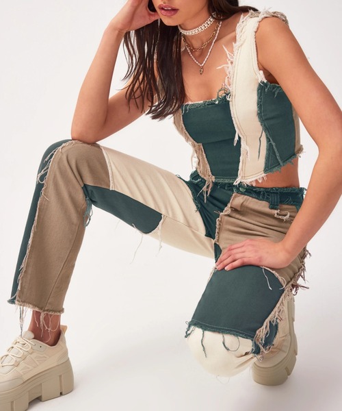 Opinion korean town（オピニオン コリアン タウン）の「Patchwork denim（デニムパンツ・レディース・グリーン/ブルー/パープル/ベージュ・L/M/S）」の19枚目の写真