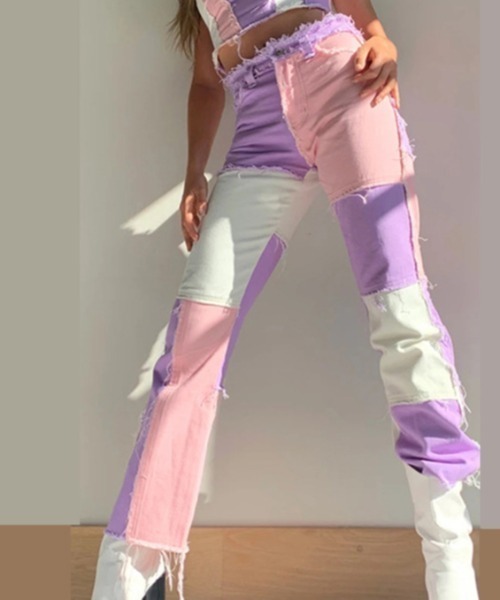 Opinion korean town（オピニオン コリアン タウン）の「Patchwork denim（デニムパンツ・レディース・グリーン/ブルー/パープル/ベージュ・L/M/S）」の9枚目の写真