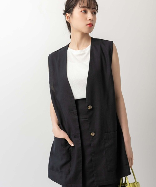 極美品＊自由区 ノーカラーリネン混ジレ 40 ネイビー紺 ボタンレス ベスト 極美品＊自由区 ノーカラーリネン混ジレ 40 ネイビー紺 ボタン