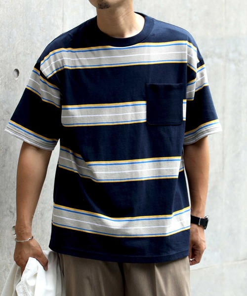 BACK NUMBER（バックナンバー）の「【BACK NUMBER】ボーダーニットポケットＴ / 吸水速乾（Tシャツ/カットソー・メンズ・ホワイト/ネイビー/グリーン・S/M/L/XL）」の3枚目の写真