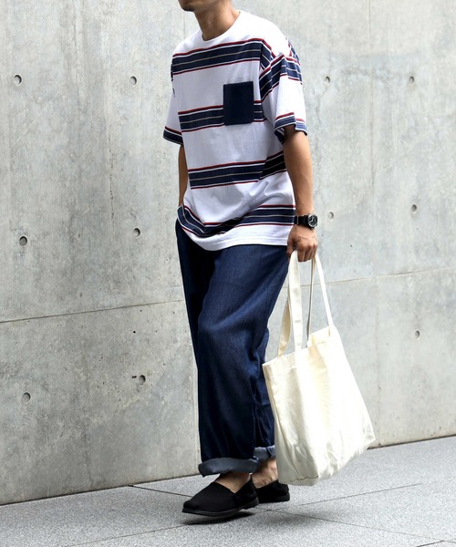 BACK NUMBER（バックナンバー）の「【BACK NUMBER】ボーダーニットポケットＴ / 吸水速乾（Tシャツ/カットソー・メンズ・ホワイト/ネイビー/グリーン・S/M/L/XL）」の17枚目の写真