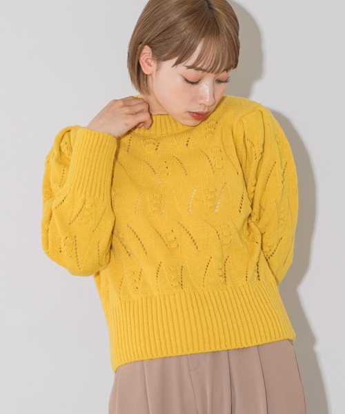 mebole（メボレ）の「パフスリーブアイレットショートニット（ニット/セーター・レディース・ブラック/ホワイト/ピンク/ブラウン/グリーン/イエロー・FREE）」の6枚目の写真