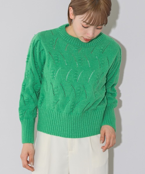 mebole（メボレ）の「パフスリーブアイレットショートニット（ニット/セーター・レディース・ブラック/ホワイト/ピンク/ブラウン/グリーン/イエロー・FREE）」の7枚目の写真