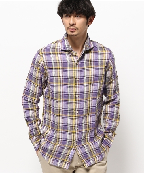 OUTLET（アウトレット）の「【CIAOPANIC TYPY】チェックフレンチ麻シャツ（シャツ/ブラウス・メンズ・ネイビー/パープル・LARGE）」の2枚目の写真