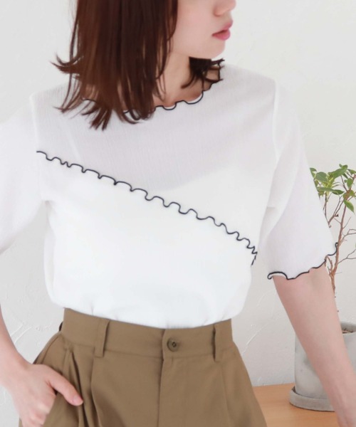 archives(アルシーヴ)の「配色メロー楊柳カットTOPS(Tシャツ/カットソー・レディース・ミント/ブラック/オフホワイト・MEDIUM)」の1枚目の写真