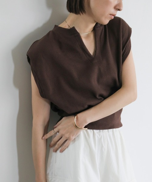 select MOCA（セレクトモカ）の「ワッフルフレンチスリーブトップス（Tシャツ/カットソー・レディース・オレンジ/アイボリー/ブラック/ネイビー/グリーン/ブラウン/グレイッシュブルー・FREE）」の3枚目の写真