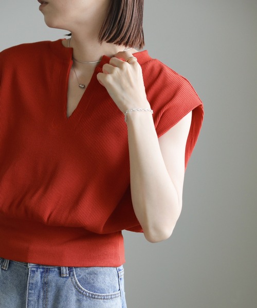 select MOCA（セレクトモカ）の「ワッフルフレンチスリーブトップス（Tシャツ/カットソー・レディース・オレンジ/アイボリー/ブラック/ネイビー/グリーン/ブラウン/グレイッシュブルー・FREE）」の12枚目の写真